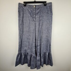 Anthropologie Ett:Twa Pants Women's 14 Blue Chambray Linen Capri Ruffle Trousers
